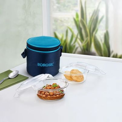 Borosil Alfa Lunchbox | 2 Pcs Glass Set | 400 ml x 2 Round | Vertical