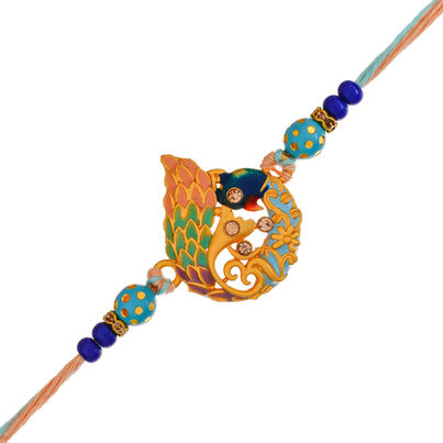 Peacock Rakhi for Brother, Kids, Bhai, and Bhaiya | Single Designer Rakhi with Roli Chawal Pack (eCraftIndia)