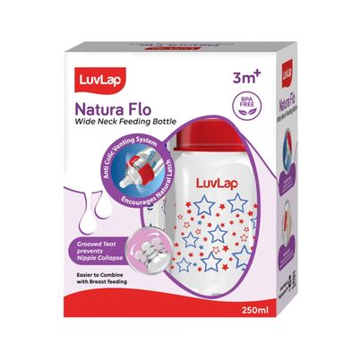 LuvLap Wide Neck Bottle with Anti-Colic Flexible Nipple, Fast Flow, Upto 3 Years, BPA Free