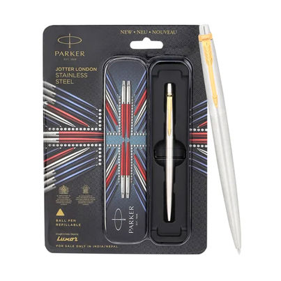 Parker Jotter Stainless Steel Ball Pen Gold Trim (Blue Ink)
