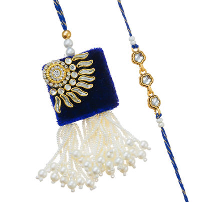 Bhaiya Bhabhi Blue Pearl Kundan Beads Designer Kundan Rakhis for Bhaiya and Bhabhi (eCraftIndia) Set of 2 Bhaiya Bhabhi Blue Pearl Kundan Beads Designer Kundan Rakhis for Bhaiya and Bhabhi (eCraftIndia) Set of 2