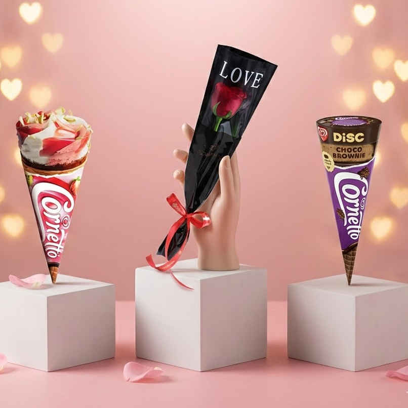 Kwality Walls Cornetto Strawberry Vanilla Cone (105ml) & Floweraura Signature Red Rose In Sleeve (1pc) & Kwality Wall'S Cornetto Choco Brownie Cone (110ml) Combo