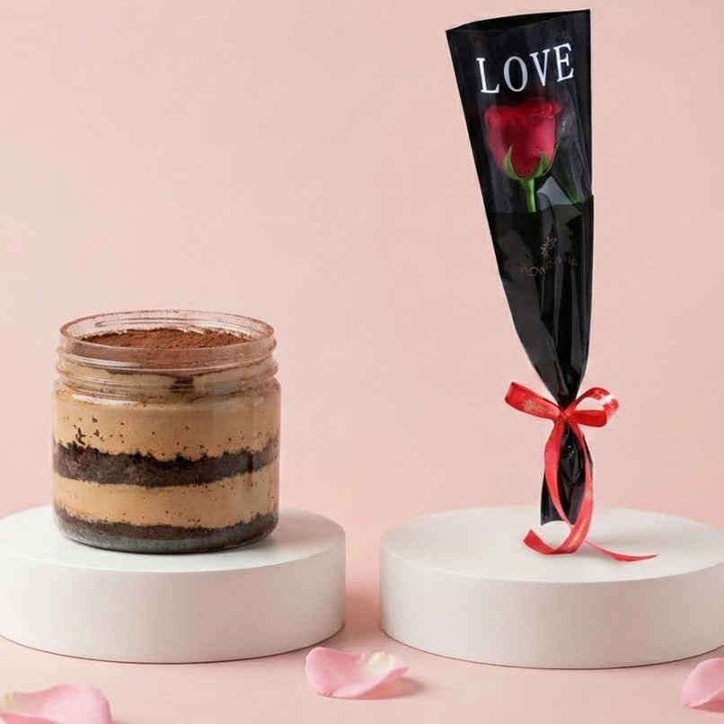 Tiramisu (1pc) & Floweraura Signature Red Rose In Sleeve (1pc) Combo