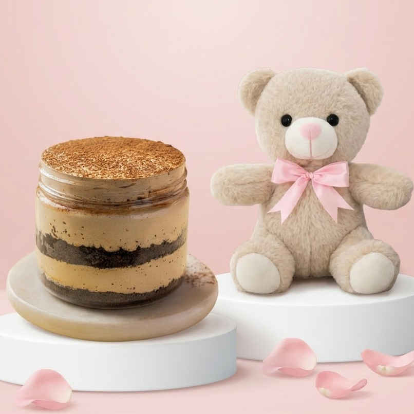 Tiramisu + Fablue Cute Beige Fur Teddy Bear with Pink Bow Plush Toy for Kids