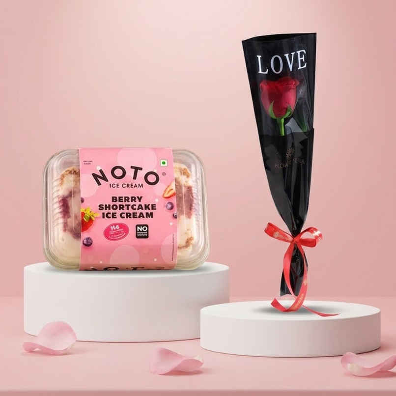 Noto Shortberry Cake | Soft & Delicious (200ml) & Floweraura Signature Red Rose In Sleeve (1pc) Combo