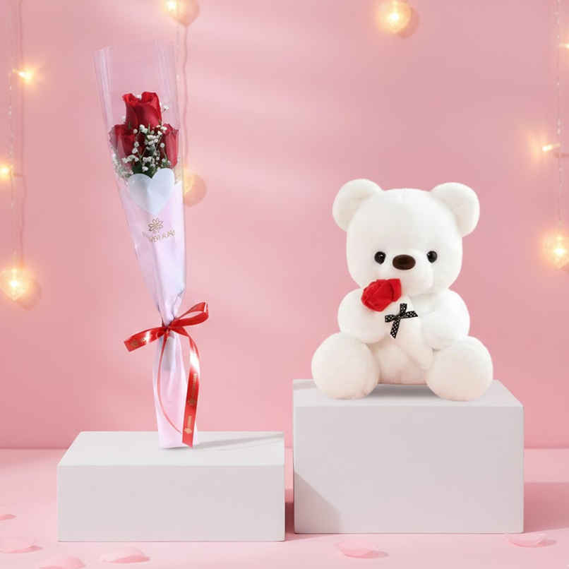 Floweraura 3 Red Roses In Sleeve (1pc) & Fablue Cute Teddy Bear With Sweet Rose Plush Toy For Kids | Soft Stuffed Animal Toy (1pc) Combo