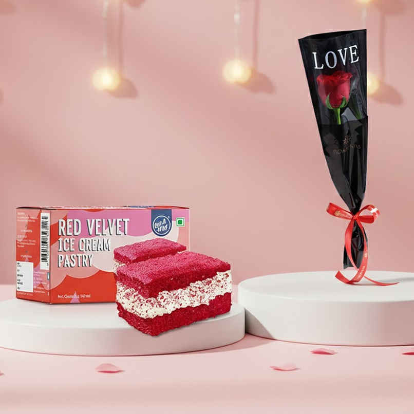 Get-A-Way Red Velvet Ice Cream Pastry | Soft & Premium (150ml) & Floweraura Signature Red Rose In Sleeve (1pc) Combo