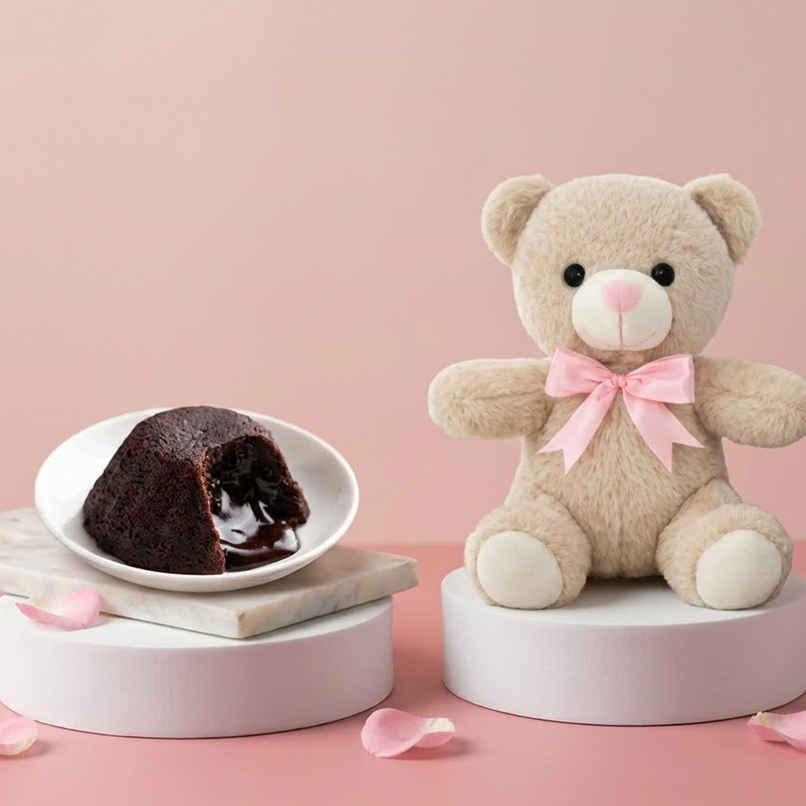 Choco Lava Cake + Fablue Cute Beige Fur Teddy Bear with Pink Bow Plush Toy for Kids
