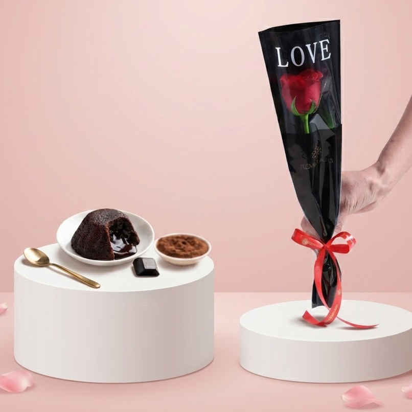 Choco Lava Cake (1pc) & Floweraura Signature Red Rose In Sleeve (1pc) Combo