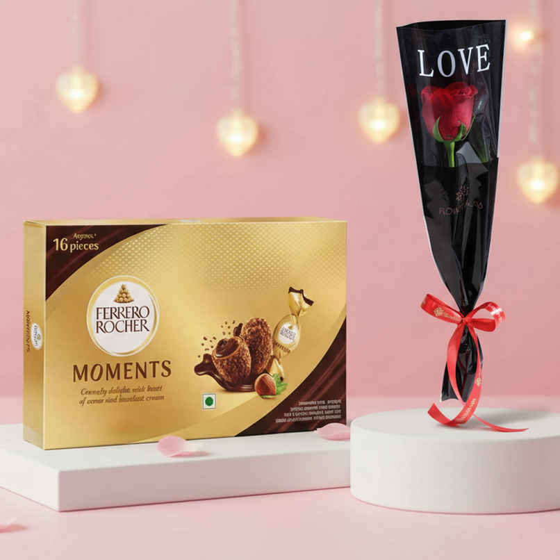 Ferrero Rocher Moments Chocolate Pack (16 Pieces) (92g) & Floweraura Signature Red Rose In Sleeve (1pc) Combo