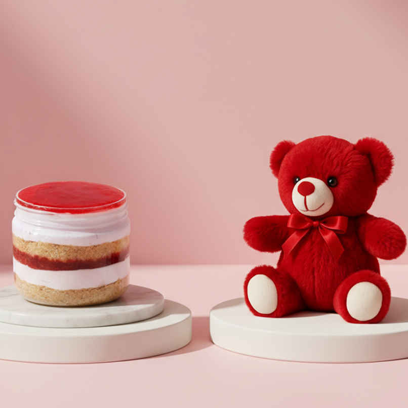 Strawberry Jar Cake (1pc) & Fablue Cute Red Fur Teddy Bear With Red Bow Plush Toy  (1pc) Combo