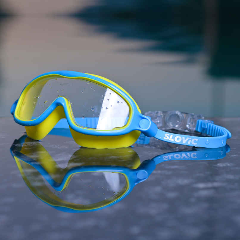 Slovic Kids Swim Goggles for Ages 6-14 with Ear Plugs with Anti-Fog & UV Protectection - Blue/Yellow
