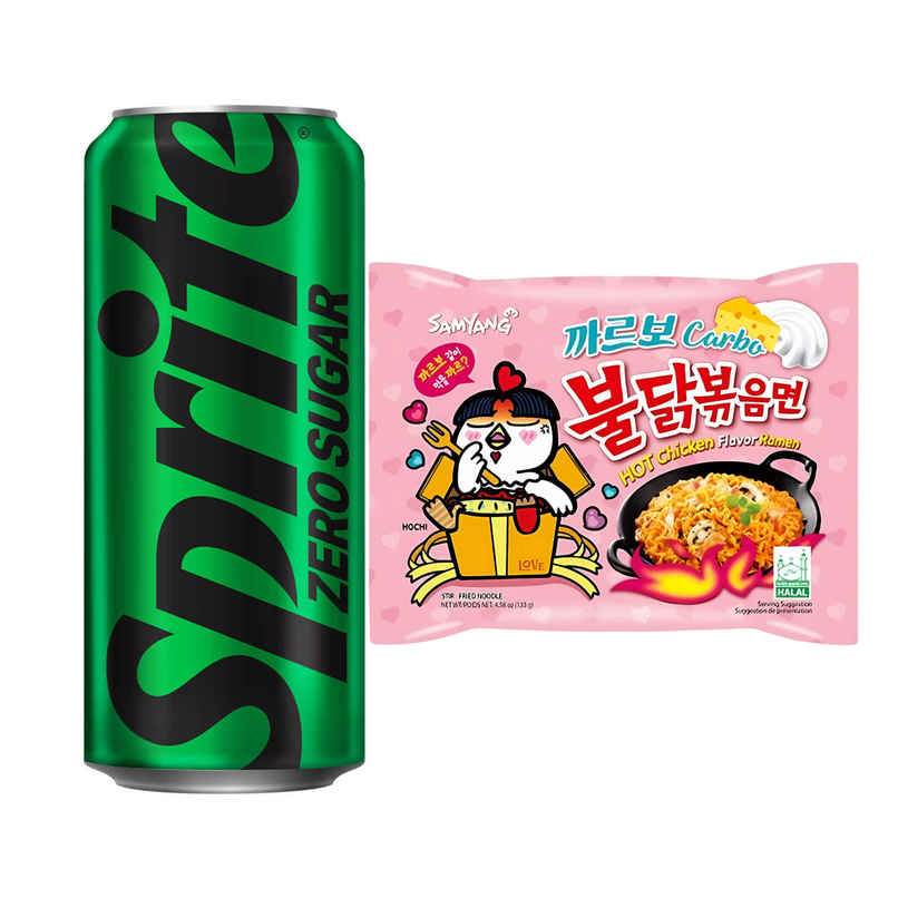 Sprite Zero Lemon Diet Soft Drink Can (300ml) & Samyang Korean Hot Chicken Ramen Carbonara Non Veg (130g) Combo
