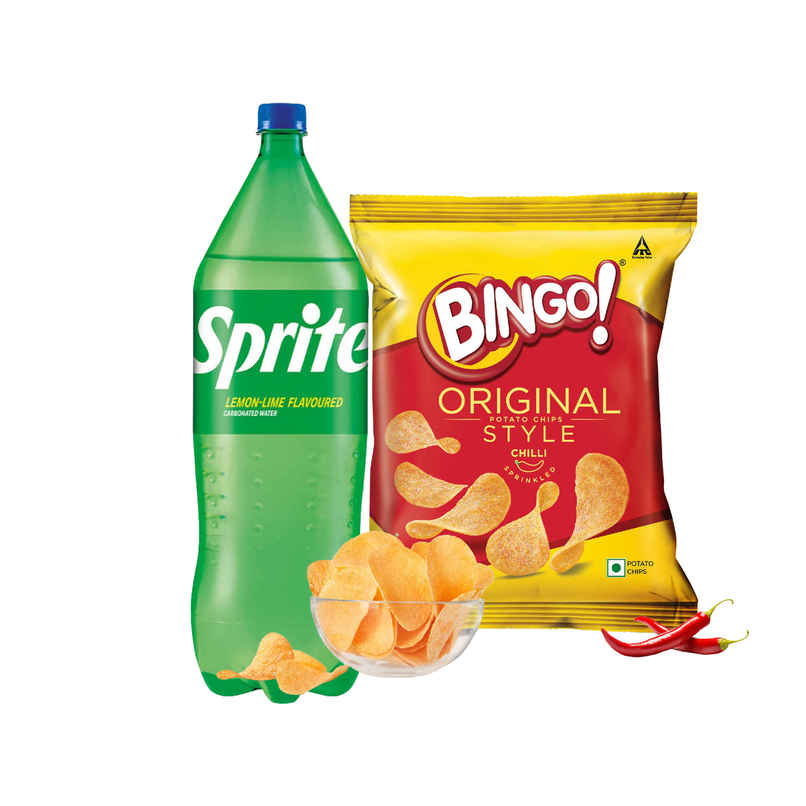 Sprite Lemon And Lime Soft Drink (1.25L) & Bingo! Original Style Chilli Sprinkled - Flat Cut Spicy Potato Chips Pack For Snacks (85g) Combo