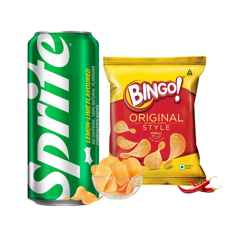 Sprite Lemon And Lime Soft Drink Can (300ml) & Bingo! Original Style Chilli Sprinkled - Flat Cut Spicy Potato Chips Pack For Snacks (85g) Combo