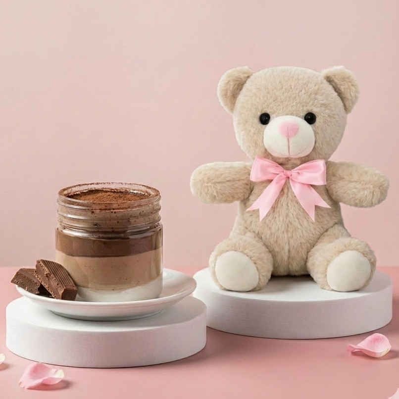 Triple Chocolate Mousse + Fablue Cute Beige Fur Teddy Bear with Pink Bow Plush Toy for Kids