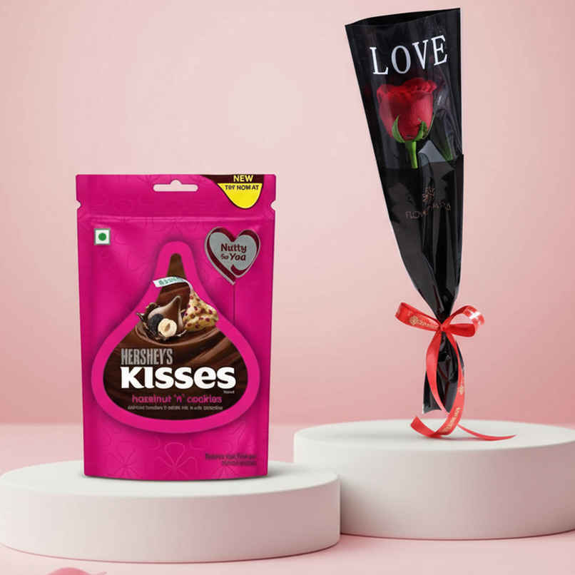 Hershey'S Kisses Hazelnut 'N' Cookies | Chocolate Share Bag Small (33.6g) & Floweraura Signature Red Rose In Sleeve (1pc) Combo