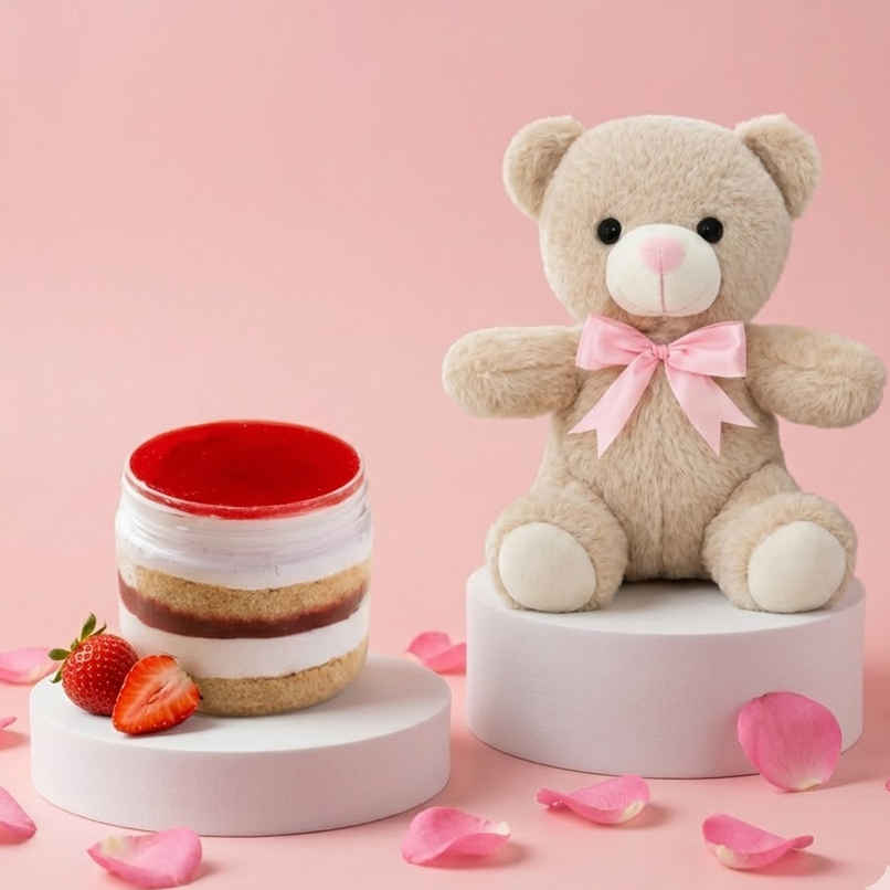Strawberry Jar Cake + Fablue Cute Beige Fur Teddy Bear with Pink Bow Plush Toy for Kids