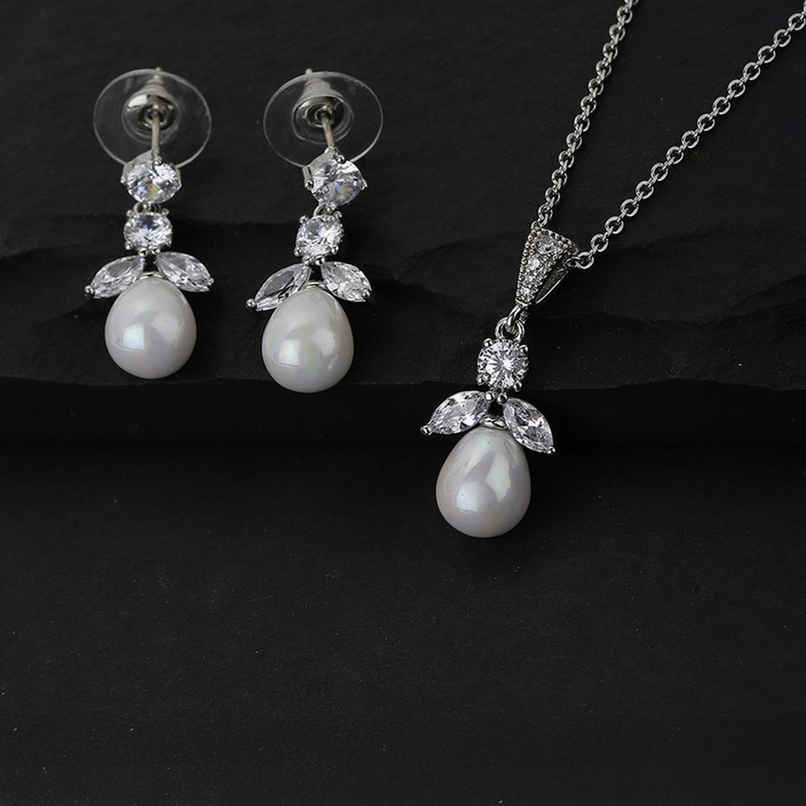 Carlton London Rhodium Plated with CZ and Pearl Necklace and Earring Set | FJS3330 Carlton London Rhodium Plated with CZ and Pearl Necklace and Earring Set | FJS3330
