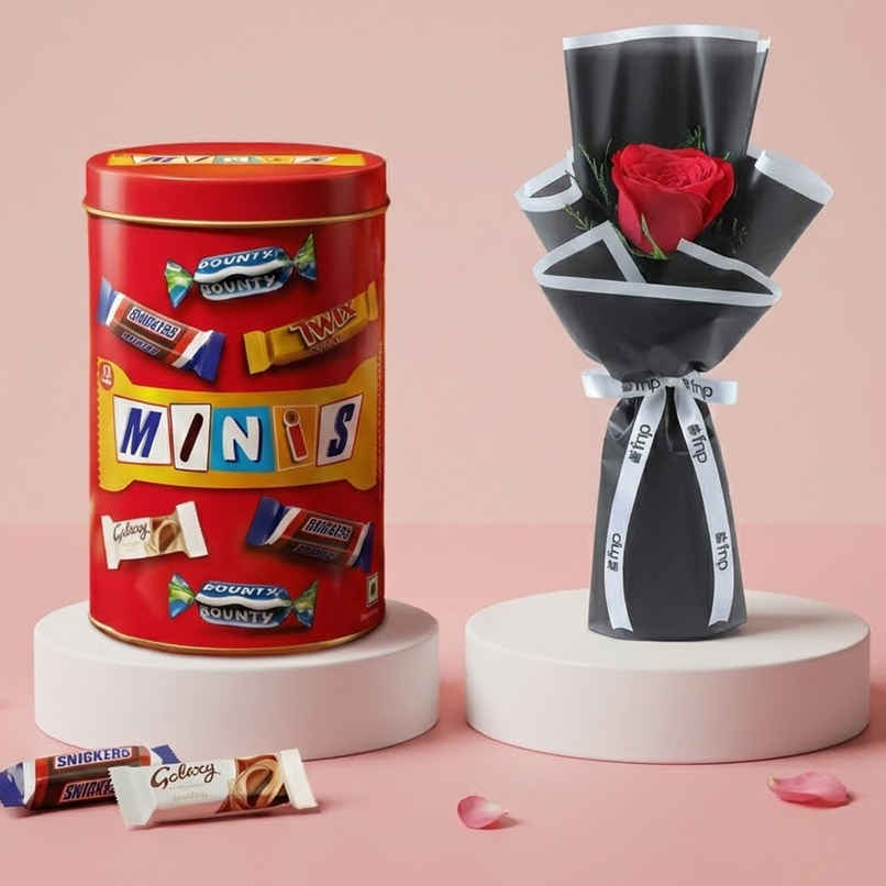Snickers Best Of Our Minis Chocolate Gift Tin | Gifting Treat | Snickers (133g) & Fnp Single Red Rose Bouquet (1pc) Combo  