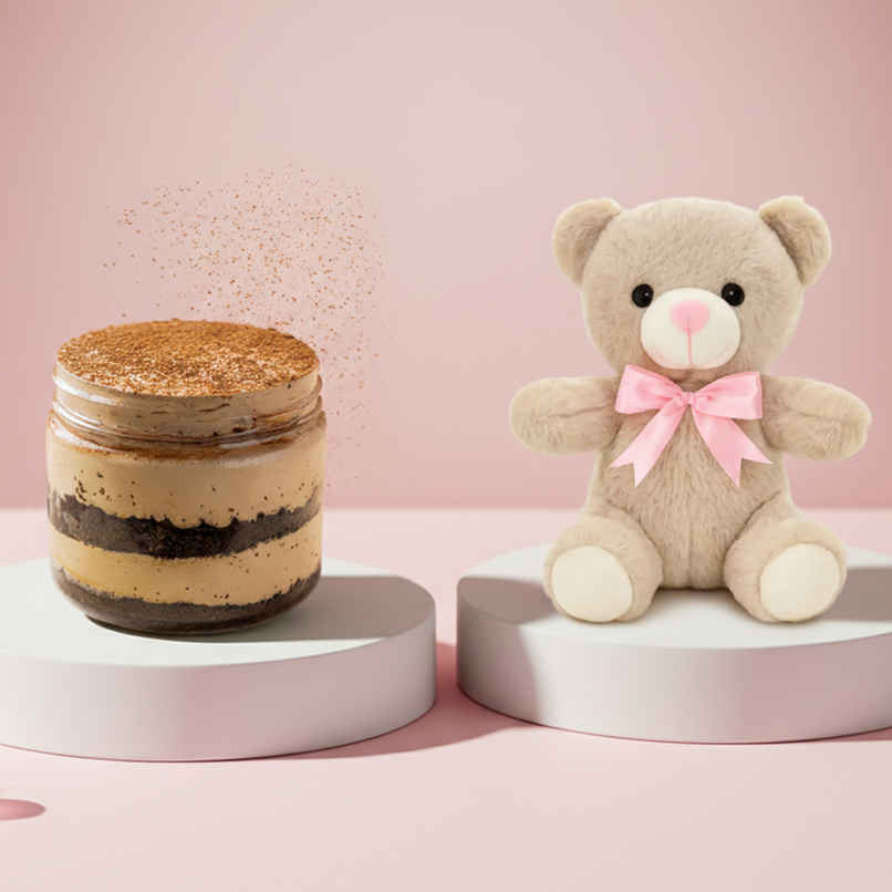 Tiramisu (1pc) & Fablue Cute Beige Fur Teddy Bear With Pink Bow Plush Toy For Kids (1pc) Combo