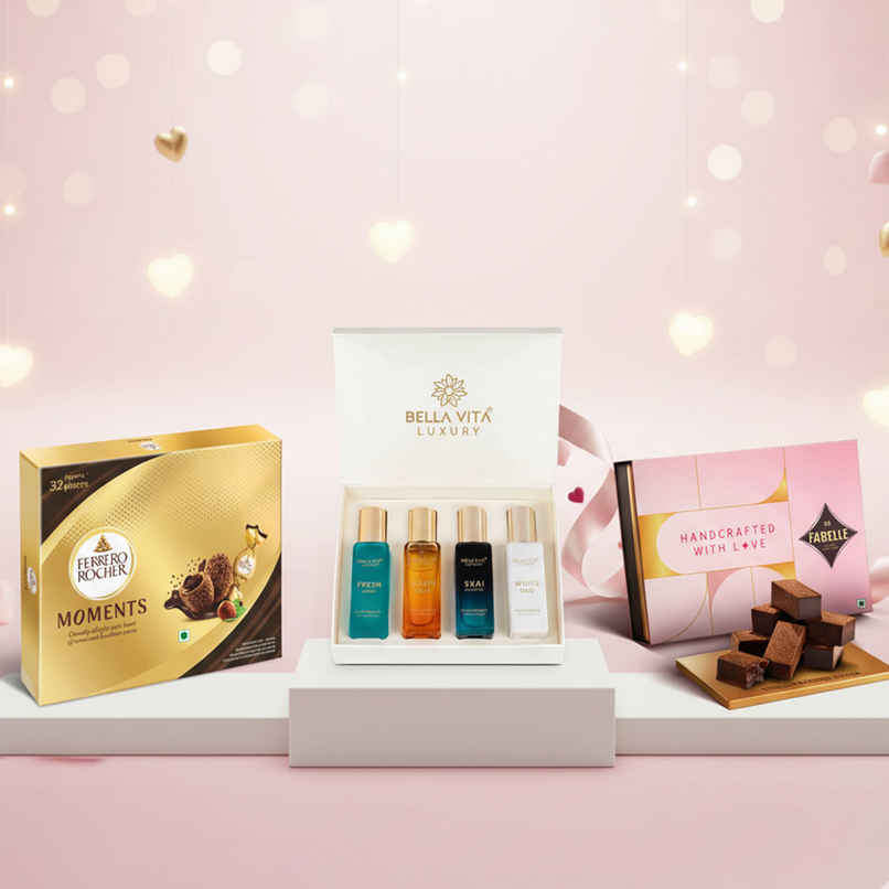 Ferrero Rocher Moments Chocolate Pack  (185g) & Bella Vita Organic Unisex Luxury Perfume Gift Set  (80ml) & Fabelle Ganache Creamy Milk- 20 Smooth Handcrafted Chocolate Cubes (124g) Combo