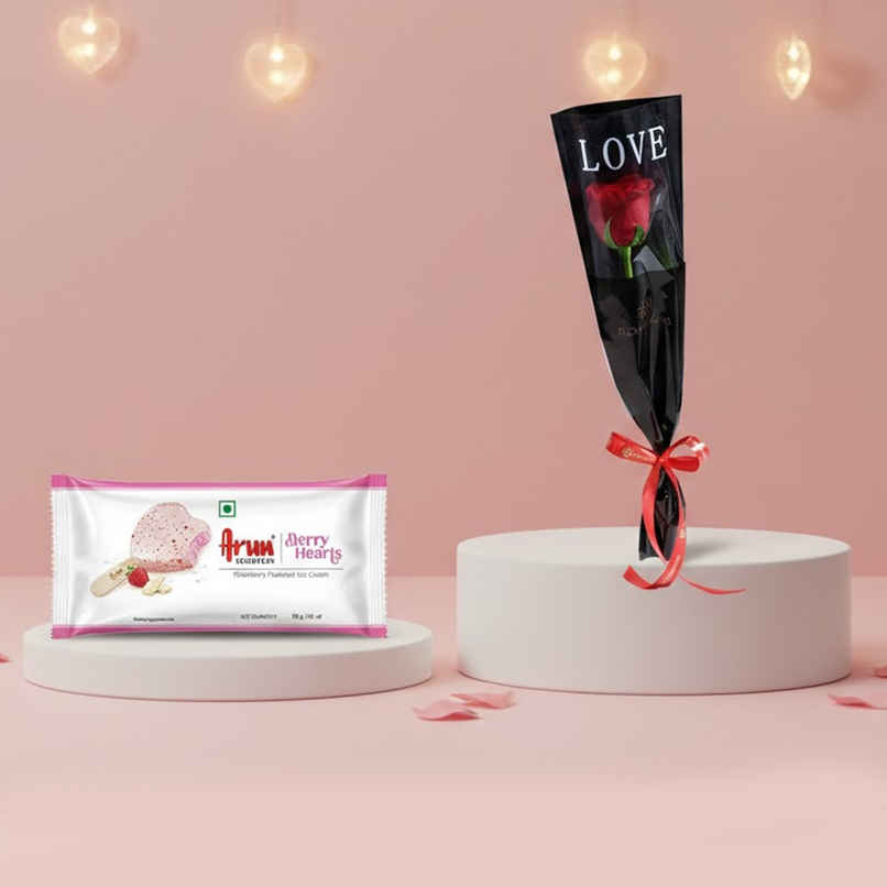 Arun Berry Hearts Ice Cream Stick (50ml) & Floweraura Signature Red Rose In Sleeve (1pc) Combo