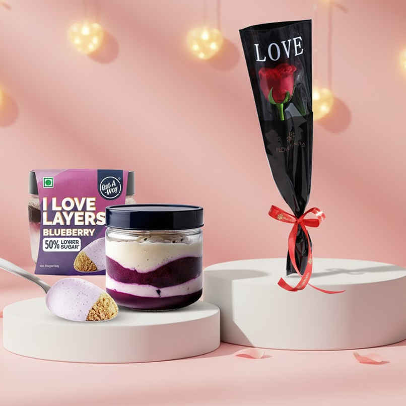 Get-A-Way Blueberry Cheesecake Jar (80g) & Floweraura Signature Red Rose In Sleeve (1pc) Combo Get-A-Way Blueberry Cheesecake Jar (80g) & Floweraura Signature Red Rose In Sleeve (1pc) Combo