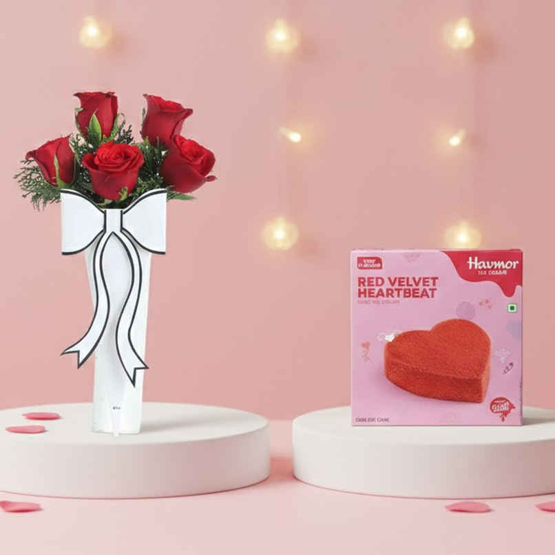 Havmor Red Velvet Heartbeat Cake (450ml) & Fnp White And Rosette Delight Bouquet (1pc) Combo