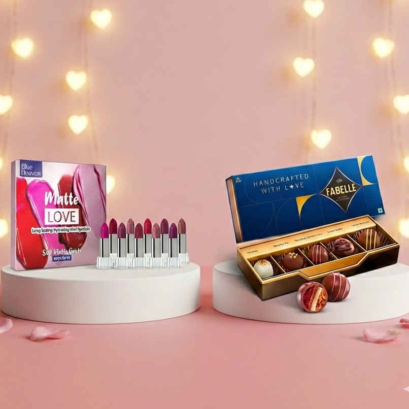 Blue Heaven Matte Love Long Lasting Hydrating Mini Lipsticks (130g) & Fabelle Dessert Collection-5 Handcrafted Dessert Inspired Chocolate Truffles (66g) Combo Blue Heaven Matte Love Long Lasting Hydrating Mini Lipsticks (130g) & Fabelle Dessert Collection-5 Handcrafted Dessert Inspired Chocolate Truffles (66g) Combo