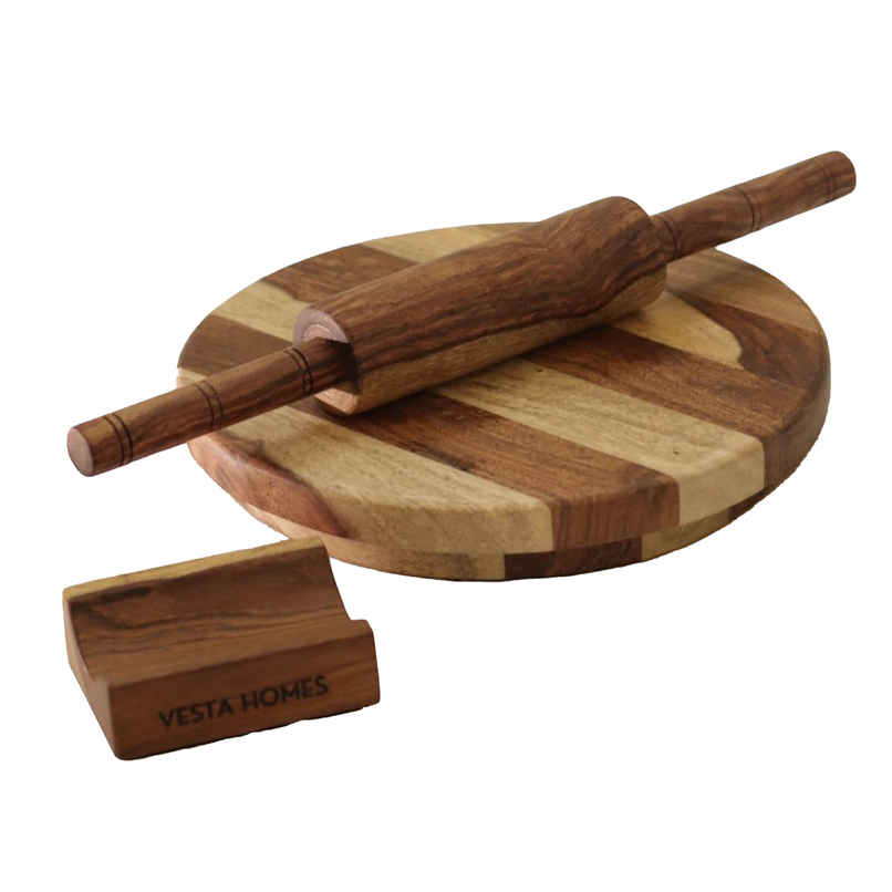 Vesta Homes Wooden Chakla Belan Set|Roti Rolling Board And Pin With Stand|9*9*1.5,13*1.75 Inches Vesta Homes Wooden Chakla Belan Set|Roti Rolling Board And Pin With Stand|9*9*1.5,13*1.75 Inches