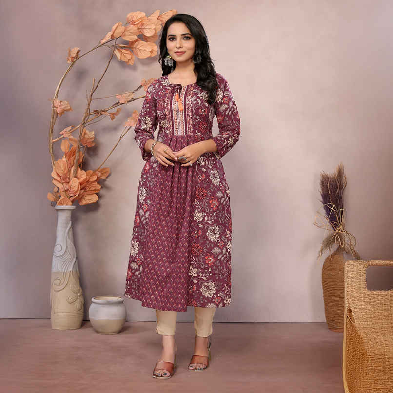 Rangita Women s Maroon Cotton Embroidered Calf Length A-Line Kurta | XL
