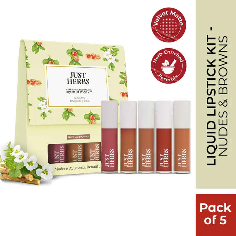 Just Herbs Enriched Liquid Lipstick Kit | Set Of 5 | Nudes And Browns
