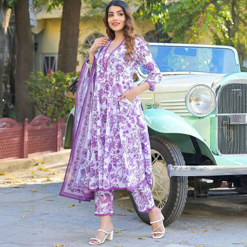 Divena Women s Floral Printed Anarkali Pure Cotton Kurta with Trousers and Dupatta | DK2179 | L Divena Women s Floral Printed Anarkali Pure Cotton Kurta with Trousers and Dupatta | DK2179 | L