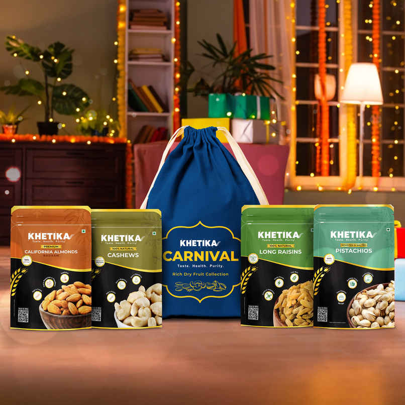 Khetika Legacy Dry Fruits Diwali Gift Pack Potli Almonds, Cashews, Pistachios & Raisins