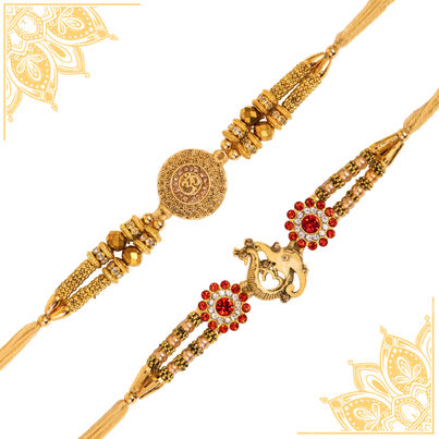 Religious OM and Ganesha Rakhi for Brother with Roli Chawal (Tied Ribbons) Pack of 2