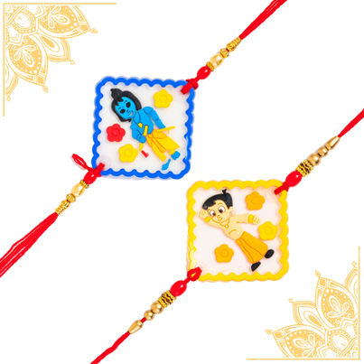 Kids Chhota Bheem Rakhi with Roli Chawal (Tied Ribbons) Pack of 2 Kids Chhota Bheem Rakhi with Roli Chawal (Tied Ribbons) Pack of 2