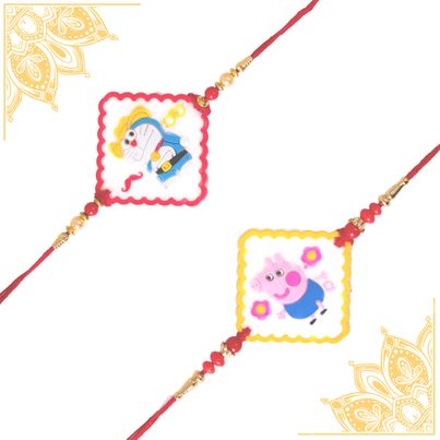 Kids Doraemon and Peepa Pig Rakhi with Roli Chawal (Tied Ribbons) Pack of 2 Kids Doraemon and Peepa Pig Rakhi with Roli Chawal (Tied Ribbons) Pack of 2