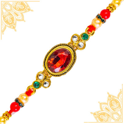 Stone Classy Red Stone Kundan Rakhi With Roli Chawal Pack (BANDHAN) Stone Classy Red Stone Kundan Rakhi With Roli Chawal Pack (BANDHAN)