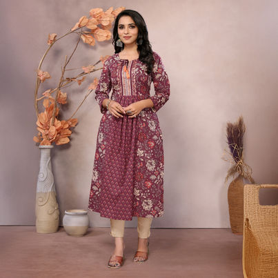 Rangita Women s Maroon Cotton Embroidered Calf Length A-Line Kurta | L Rangita Women s Maroon Cotton Embroidered Calf Length A-Line Kurta | L