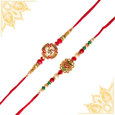 Religious OM Rakhi for Brother with Roli Chawal (Tied Ribbons) Pack of 2 Religious OM Rakhi for Brother with Roli Chawal (Tied Ribbons) Pack of 2