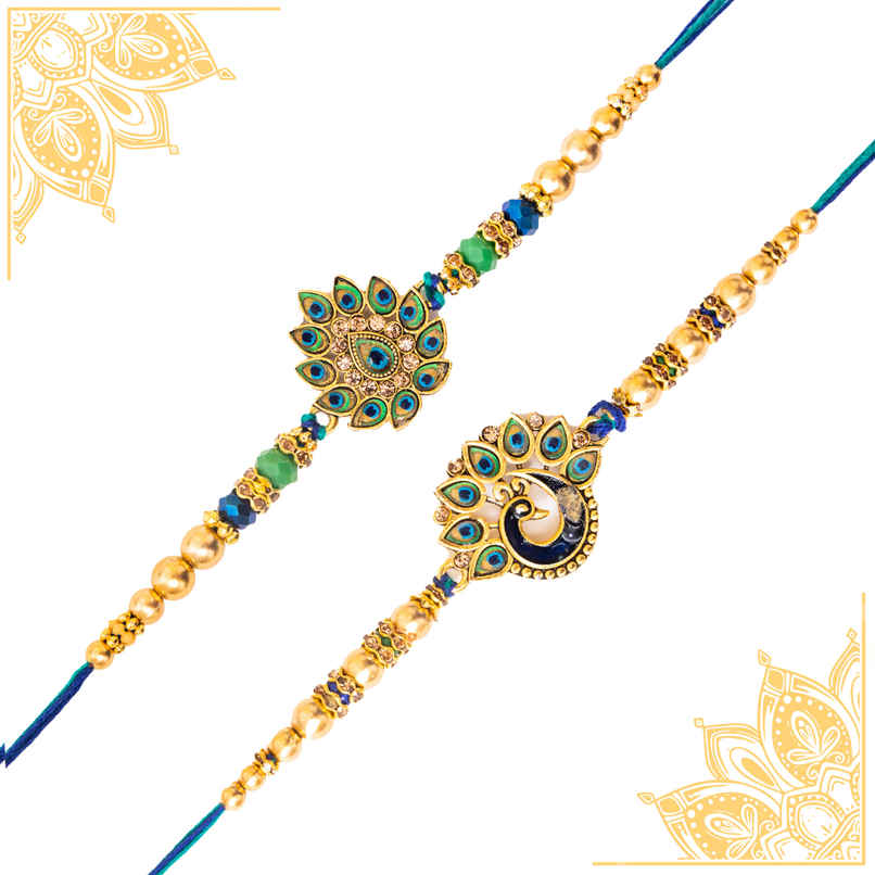 Peacock Rakhi for Brother with Roli Chawal (Tied Ribbons) Set of 2
