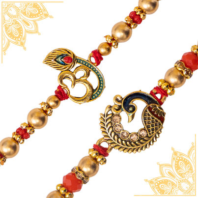 Religious OM and Peacock Rakhi for Brother with Roli Chawal (Tied Ribbons) Pack of 2 Religious OM and Peacock Rakhi for Brother with Roli Chawal (Tied Ribbons) Pack of 2