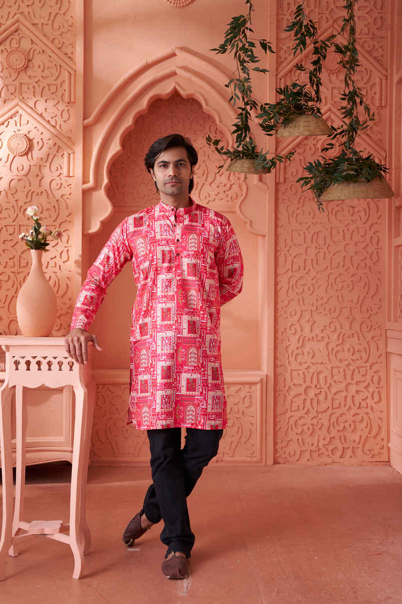 House Of Festivals Men's Printed Cotton Blend Long Kurta | Pink -S