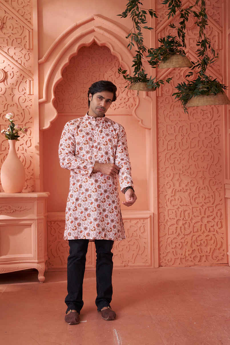 House Of Festivals Men's Printed Cotton Blend Long Kurta | Cream - L House Of Festivals Men's Printed Cotton Blend Long Kurta | Cream - L