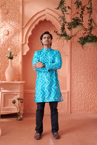 House Of Festivals Men's Printed Cotton Blend Tie & Die Look Long Kurta | Blue - M House Of Festivals Men's Printed Cotton Blend Tie & Die Look Long Kurta | Blue - M