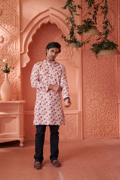 House Of Festivals Men's Printed Cotton Blend Long Kurta | Cream - L House Of Festivals Men's Printed Cotton Blend Long Kurta | Cream - L