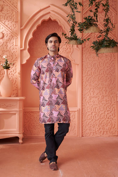 House Of Festivals Men's Printed Cotton Blend Long Kurta | Multicolor - XL House Of Festivals Men's Printed Cotton Blend Long Kurta | Multicolor - XL