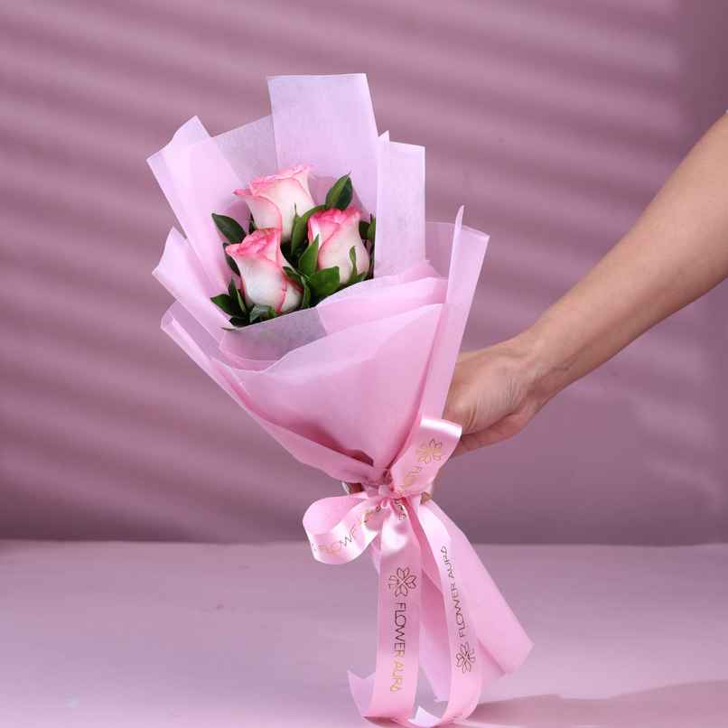 FlowerAura 3 Pink Roses in Pink Paper FlowerAura 3 Pink Roses in Pink Paper