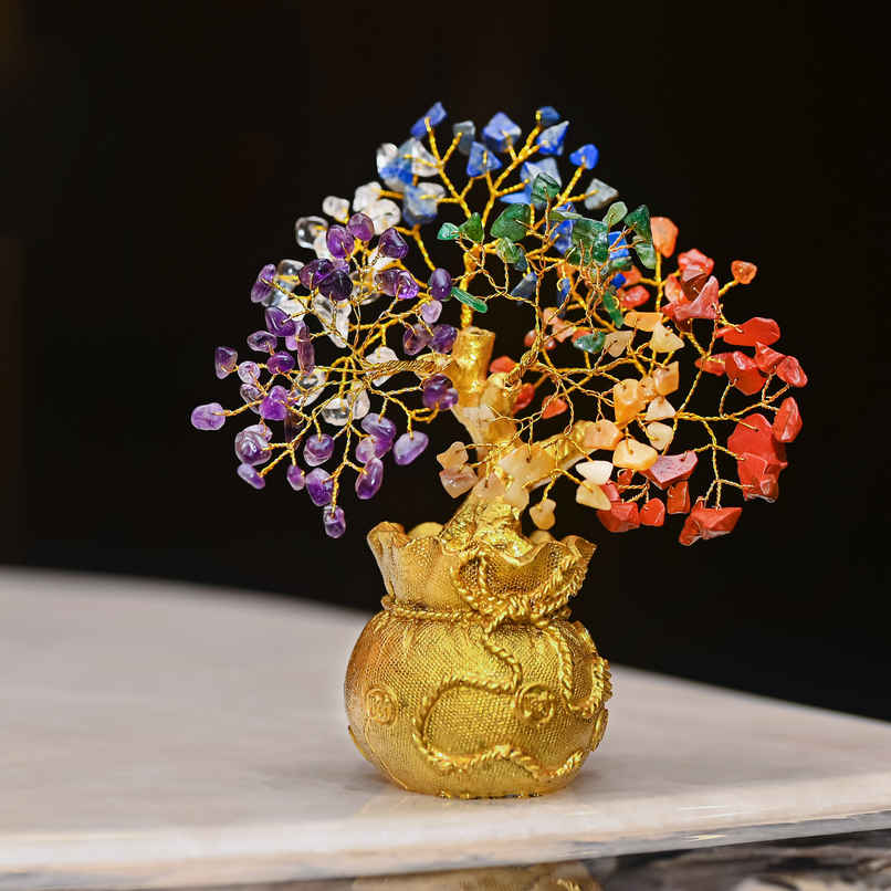 HINDCRAFT 7 Chakra Healing Crystal Bonsai Tree of Life with Golden Abundance Base